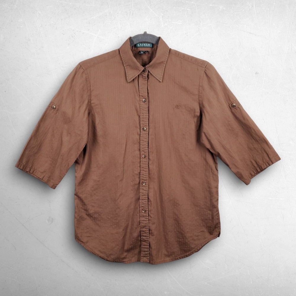 Lauren Ralph Lauren Shadow Stripe Roll Tab Shirt Women S Brown Semi-Sheer Chic